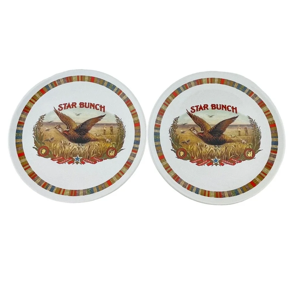 Pottery Barn Star Bunch Fireside Club 2 Salad Plate Lot‎ Hunting Bird Cigar Box